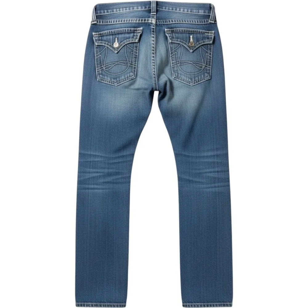 Size 33 True Religion Straight Leg Jeans Blue Thick White Contrast Stitch Flap